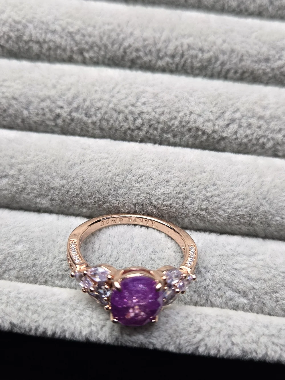 Size 8 Ice Crystal Amethyst Rose Gold Plated Bomb Party Ring